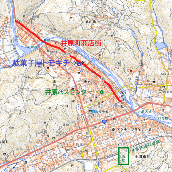 井原市市街地地図（国土地理院地図に加筆）