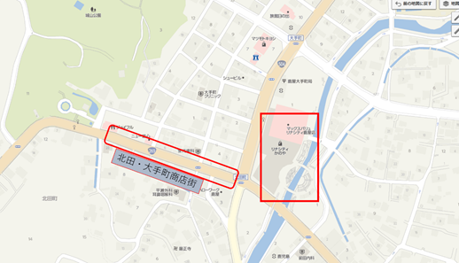 （リナシティと商店街の位置関係地図）