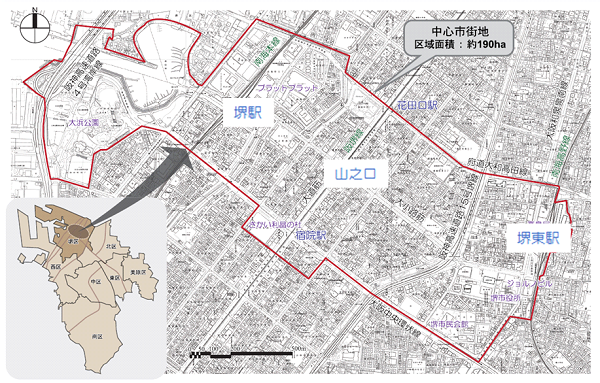 堺市が定めた中心市街地（堺市中心市街地活性化基本計画概要版をもとに作成）