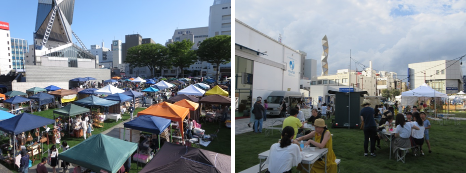 イベントに活用できるスペースの例  水戸芸術館広場で行われる「あおぞらクラフトいち」（左）と、まちなか・にぎわい・スポーツ広場（通称M-SPO）で行われるマルシェイベント「ガンゲット」（右）