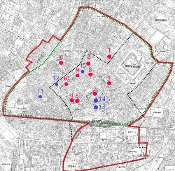 高岡市中心市街地　位置図（リノベーション物件等を加筆）※